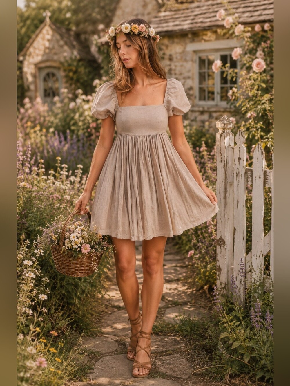 Mable Marlowe Tan Puff Sleeve Mini Peasant Babydoll Dress Cottagecore Women's S